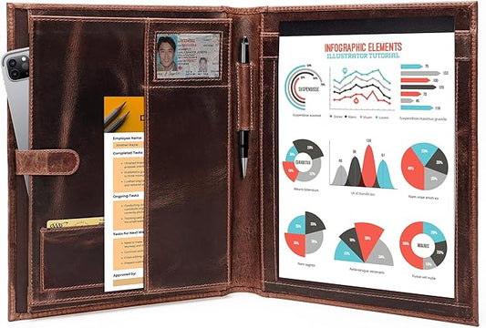 Leather Portfolio Binder, Professional Organizer Padfolio – Resume Folder, Business Card & Document Holder, Portfolios for Men & Women, Office & Business Supplies by Luxeoria | (Medium - Brown)