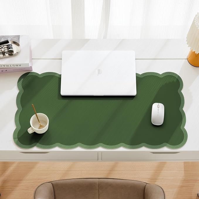 Scalloped Desk Mat, 31.5" x 15.7" Dark Forest Green Large Cute Aesthetic Desk - Image 3