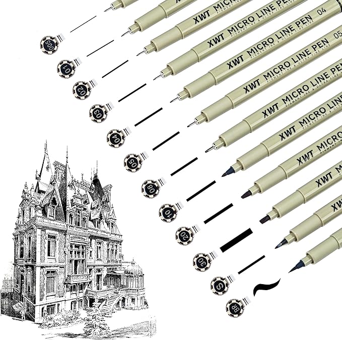 Micro Fineliner Pens 12 Size/Set, Ultra Fine Fineliner Pen, Chisel Pens, Brush Marker Pen, Water-based Black Pigment Ink, Drawing Journaling Doodle Supplies for Artists, Designers, Students-DeskLoop Office