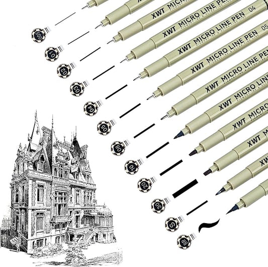 Micro Fineliner Pens 12 Size/Set, Ultra Fine Fineliner Pen, Chisel Pens, Brush Marker Pen, Water-based Black Pigment Ink, Drawing Journaling Doodle Supplies for Artists, Designers, Students-DeskLoop Office