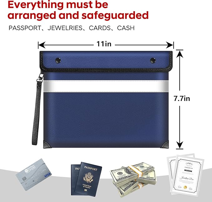 Fireproof Money Bag for Cash 11"x7.7",Upgraded 5200℉ Insulated Water Fire Proof Pouch with Water-resistant Zipper,Fireproof Envelopes for Important Documents,Valuables (Blue)-DeskLoop Office