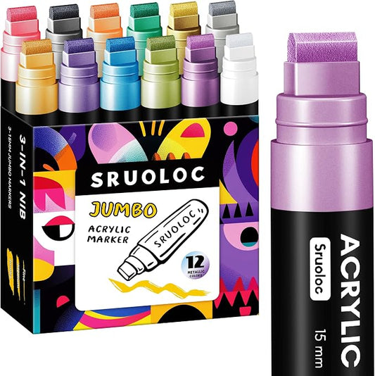 SRUOLOC 12 Metallic Colors Jumbo Markers, 15mm Jumbo Felt Tip, Acrylic Paint by Sruoloc