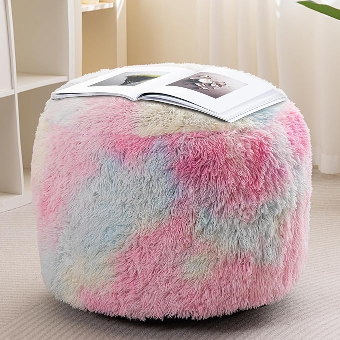 HIGOGOGO Round Stuffed Pouf Ottoman, Long Faux Fur Poufs with Foam Chunk Filling, Fluffy and Furry Pouf Foot Stool Storage Ottoman, 20 X 15 Floor Poufs Foot Rest for Living Room, Rainbow-DeskLoop Office