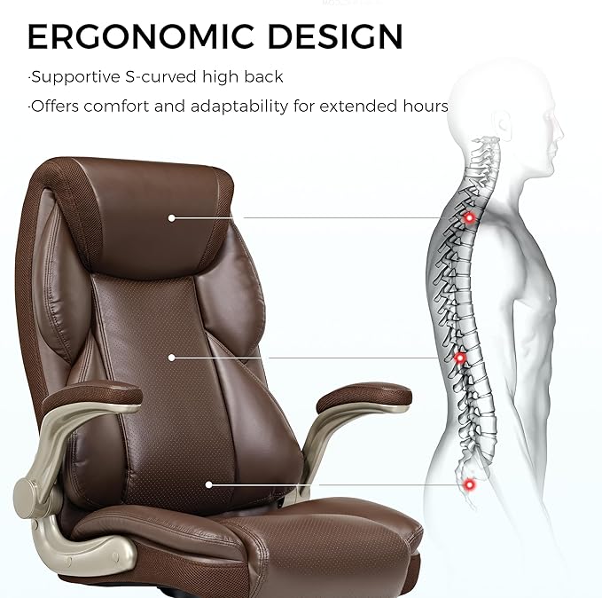 EUREKA ERGONOMIC Executive Office Chair Flip Up Arm Rest, Ergonomic Desk Chair Faux Leather Computer Chair, High Back Office Chair with Headrest, Home Office Desk Chairs with Wheels, Brown-DeskLoop Office
