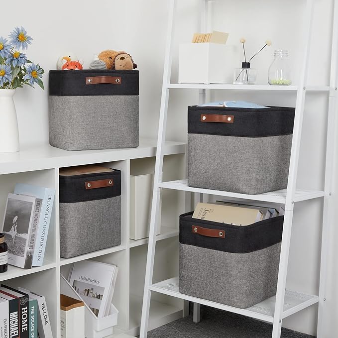 DULLEMELO Cube Collapsible Storage Bins, 12 inch Fabric Storage Cubes Bins Canvas Organization Baskets, Linen Closet Organizers Boxes for Home Organization and Storage (4 Pack - 12" Black&Grey)-DeskLoop Office