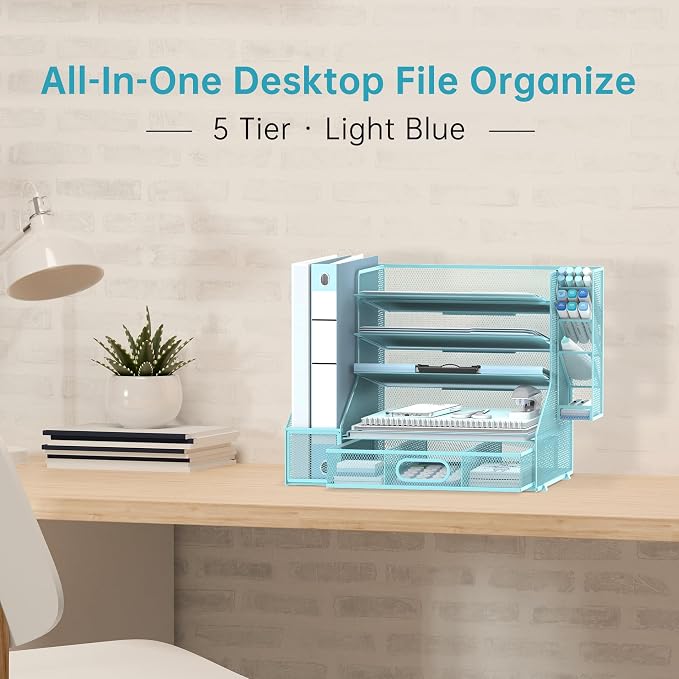 SUPEASY Desk Organizer with File Holder, 5-Tier Mesh Paper Letter Tray - Image 2