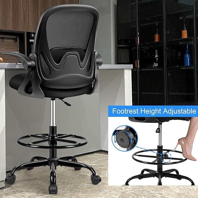 Drafting Chair Tall Office Chair with Flip-up Armrests, Adjustable Height, and Enhanced Lumbar Support - Ergonomic Rolling Stool, Back Support, and Adjustable Foot Rest Ring for Standing Desk Black-DeskLoop Office