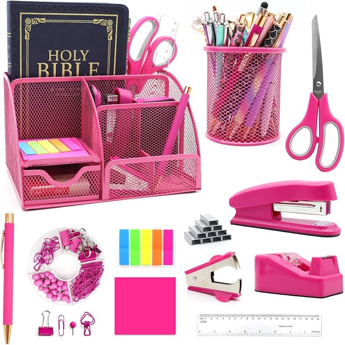 12 in 1 Hot Pink Desk Organizers and Accessories Set, Gifts by Shellvcase