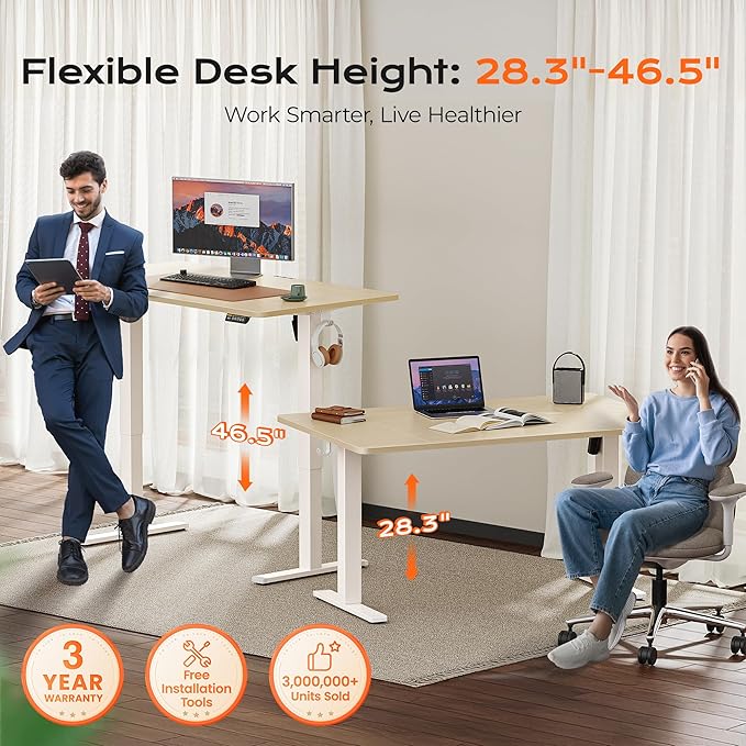Huuger 55 x 28 Large Electric Standing Desk, Height Adjustable Desk, 27.6" Deep Desktop, Stand up Gaming Computer Office Desk with 2 Hooks, 3 Preset Heights, for Home Office, Natural-DeskLoop Office