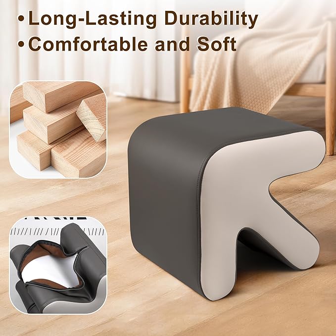 H&B Luxuries Ottoman, Foot Stool with Creative Shape, Napa Leather Ottomans, Removable Outer Foot Rest, No Assembly Required, Ottoman for Living Room, Bedroom, Entrance, Gray White-DeskLoop Office