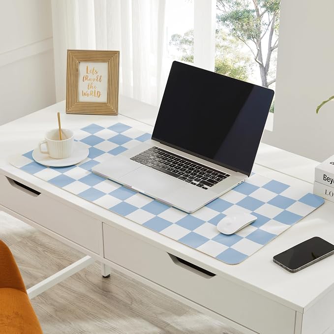 Ohocut Checkered Desk Mat, 31.5" x 15.7" Large Cute Sky Blue Aesthetic Retro - Image 2