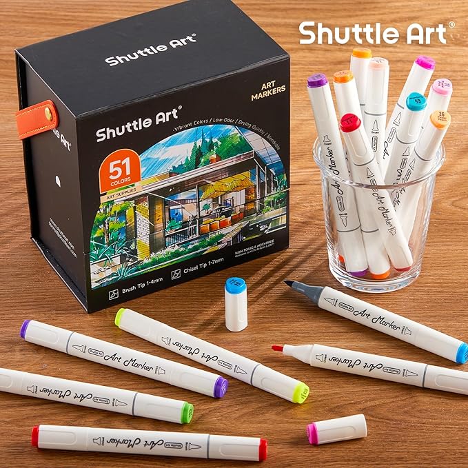 Shuttle Art Alcohol Markers Brush tip, Dual Tip Brush & Chisel Tip Art Marker Set, 50 Colors plus 1 Blender Permanent Marker Pens with Case Perfect for Illustration Students Adults Coloring-DeskLoop Office