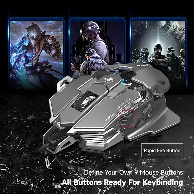 EWEADN G5 Wired Gaming Mouse, Ergonomic RGB Computer Mouse, 12800 Adjustable DPI, 9 Programmable Macro Buttons with Rapid Fire Key Compatible for PC/Laptop/Windows-Grey&White-DeskLoop Office