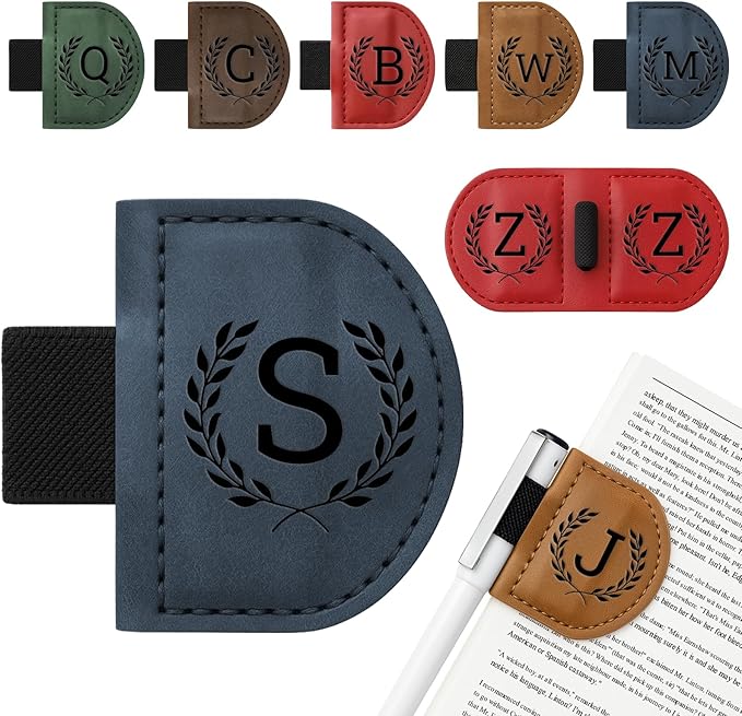 Personalized Bygone Mark Bookmark with Pen Holder,Engraving Leather Magnetic Bookmarks Vintage 26 Letters Name Initials Text Book Marker Clips Gifts for Reading Book Lovers Women (Blue, S)