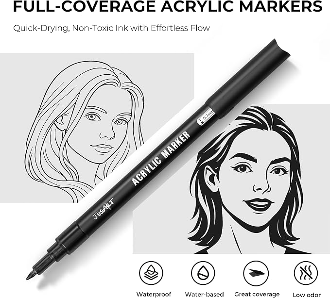 JusArt 3 Pack Black Acrylic Paint Marker, 0.7mm Fine Point Black Acrylic Markers - Image 2