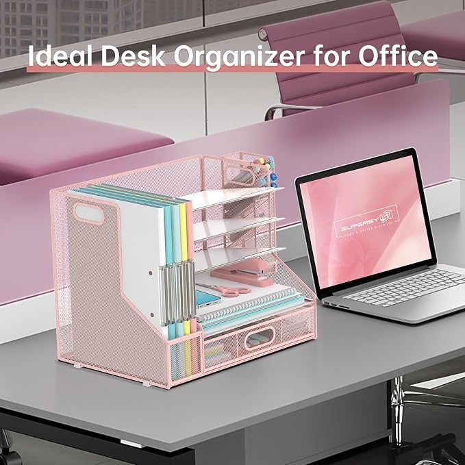 SUPEASY Desk Organizer with File Holder, 5-Tier Mesh Paper Organizer Letter - Image 6