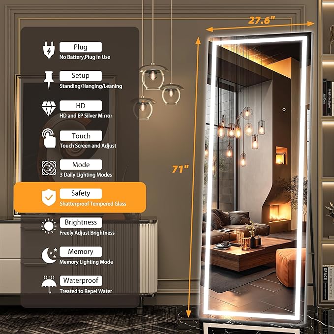 Hasipu Full Length Mirror with Lights, 71" x 27.6" LED Lighted Floor Standing Mirror, Full Body Dressing Hanging Mounted, Dimmable, Tempered Glass, Safe to Use, Square Black-DeskLoop Office