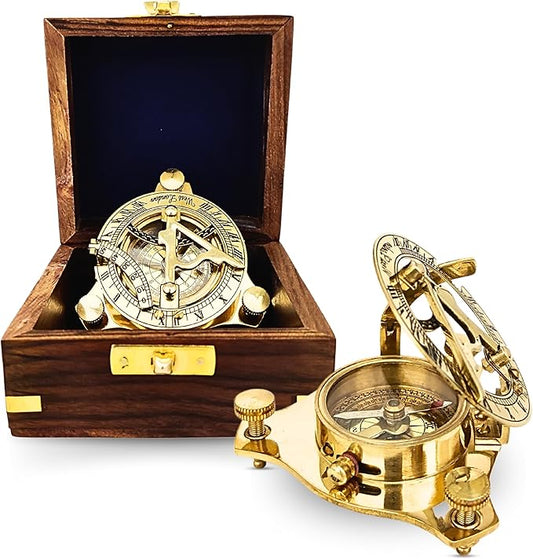 Antique Brass & Copper Sundial Compass, Sundial Clock in Box Gift Sun Clock Ship Replica Watch, Nautical Gifts for Men, Unique Nautical Decor, Naval Maritime Sundial (#4 Golden Sundial)