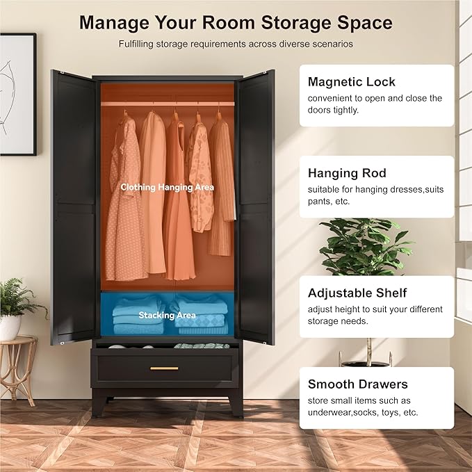 Farmhouse Wardrobe Cabinet with One Drawers,Metal Wardrobe Closet with Hanging Rod,Metal Armoire with Adjustable Shelves for Bedroom,Living Room, Cloak Room,Office (Blue)-DeskLoop Office
