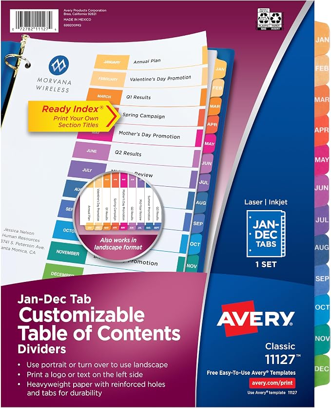 Avery Jan-Dec Dividers for 3 Ring Binders, 12 Tabs per Set, Customizable Table by Avery