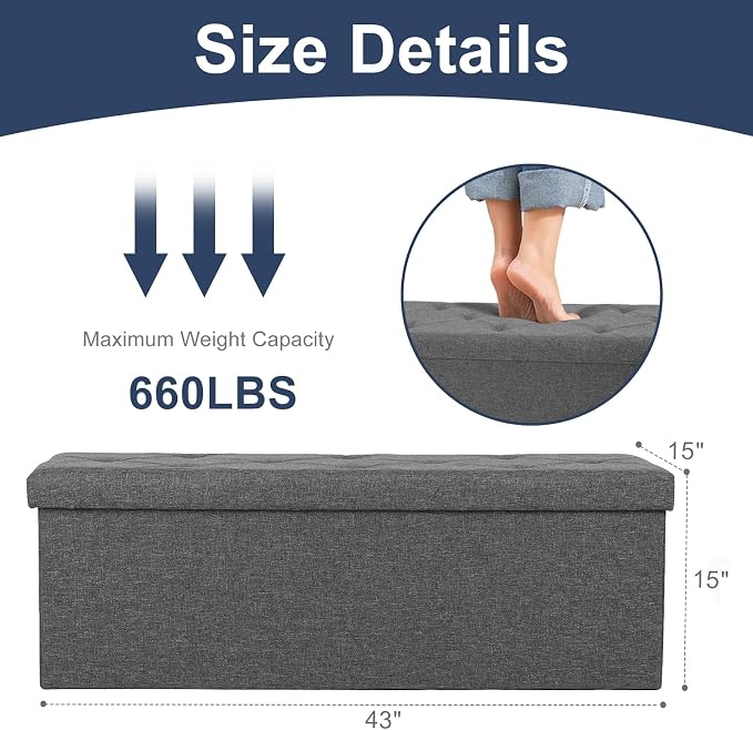 DUMOS 43 Inch Folding Storage Ottoman Bench, Large Hidden Storage Chest - Image 3