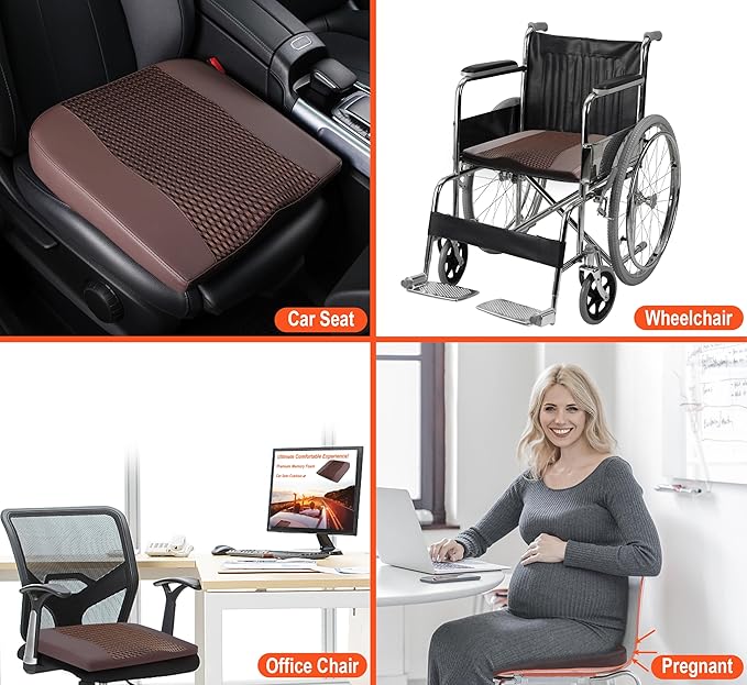 Car Seat Cushion, Comfort Memory Foam Car Cushions for Driving - Sciatica & Lower Back Pain Relief, Driver Seat Pillow for Auto, Office Chair, Wheelchair - 4D Mesh Brown-DeskLoop Office