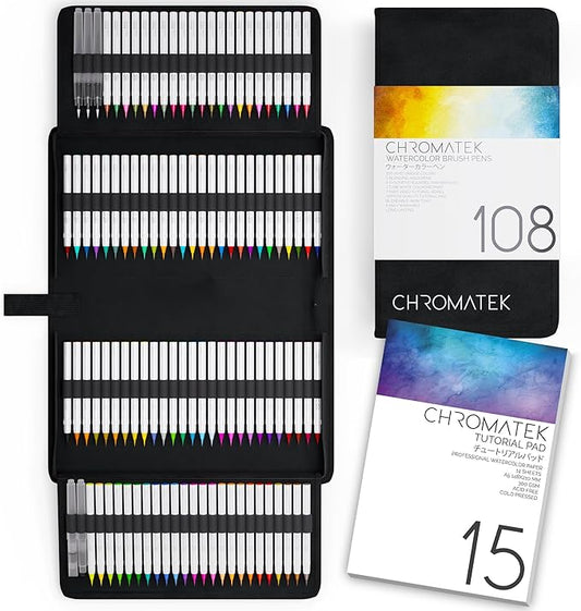 CHROMATEK 108 Watercolor Pens Set | Including 15 Page Pad & Online Video Tutorial Series | 5 Aquapens & 100 Unique Colors | Real Brush Pens | Easily Blendable, Vivid and Smooth-DeskLoop Office