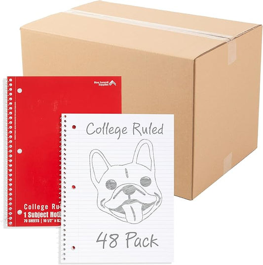 Blue Summit Red Spiral Notebooks Bulk, One Subject Spiral Notebook College Ruled, Perforated Notebook, 8 x 10.5 for Work and School, Paper, College Ruled, Bulk 48 Pack-DeskLoop Office