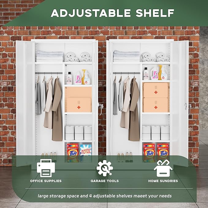 Greenvelly Metal Wardrobe Cabinet with Locking Doors, 72" H x 36" W White Metal Wardrobe Closet Cabinet with Hanging Rods and Adjustable Shelves, Steel Storage Closet for Home, Office, Employee, Gym-DeskLoop Office