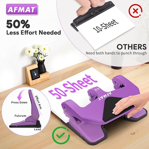 AFMAT Heavy Duty 3 Hole Punch, 50-Sheet Capacity, 50% Reduced Effort Three Hole - Image 2