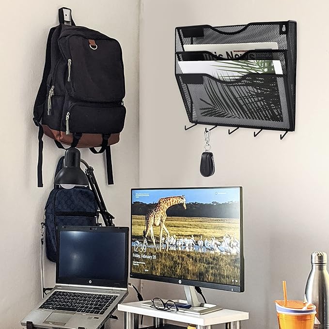 EASEPRES 3 Pocket Mesh Hanging File Organizer with Key Holder Hooks & Nametag Label, Wall Mounted Mail Paper Document Folder Clipboard Storage Organization Magazine Rack for Office Cubicle, Black-DeskLoop Office