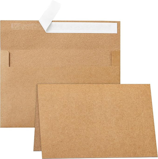 100 Packs Blank Brown Note Cards and Envelopes 4 x 6 Heavyweight Folded Cardstock and A4 Envelopes Printable Self Seal for DIY Greeting Cards, Wedding Invitations, Thank You Card, Birthday