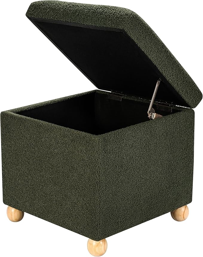 Adeco 17 Inch Soft Dark Green Cube Ottoman Storage, Teddy Velvet Chair Foot Stools, Upholstered Vanity Stool with Hinged Lid, Solid Round Wood Legs-DeskLoop Office