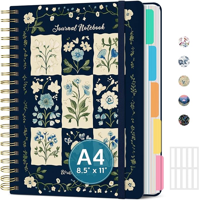 Large Lined Spiral Journal for Women Cute Hardcover 5 Subject Notebook for Work by Taja
