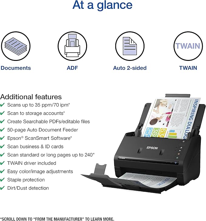 Epson Workforce ES-400 II Color Duplex Desktop Document Scanner for PC and Mac, with Auto Document Feeder (ADF) and Image Adjustment Tools, ES-400 II-DeskLoop Office