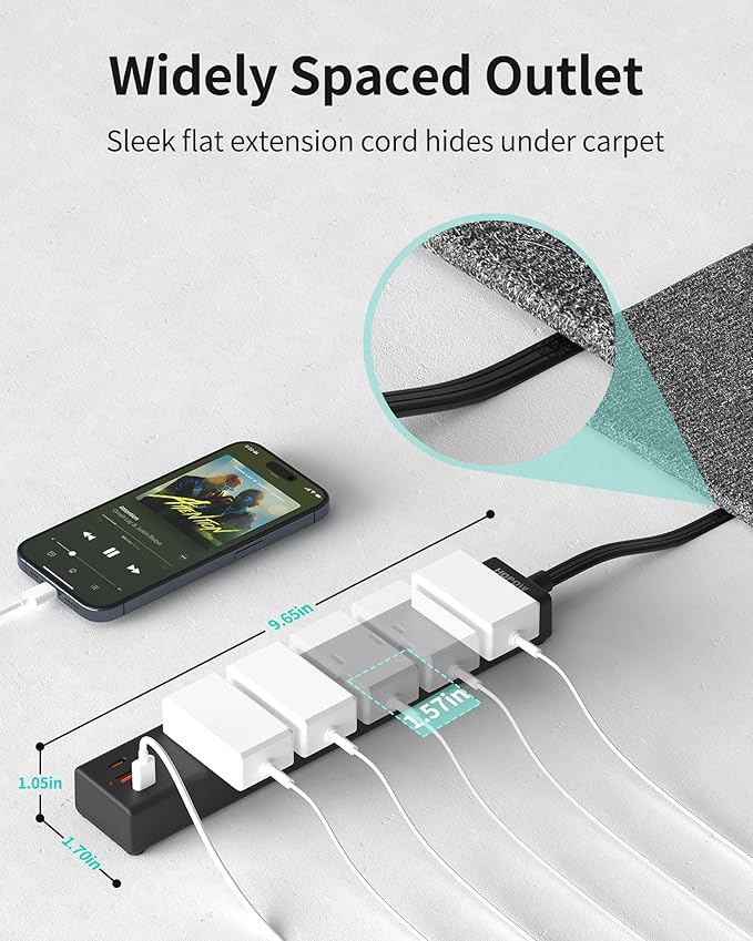 Flat Plug Power Strip, 6 Ft Ultra Thin Extension Cord, Surge Protector with 5 Outlets & 3 USB Ports (2 USB C), 1700 Joules, Wall Mount, Desktop Charging Station for Home Office Dorm, Black-DeskLoop Office