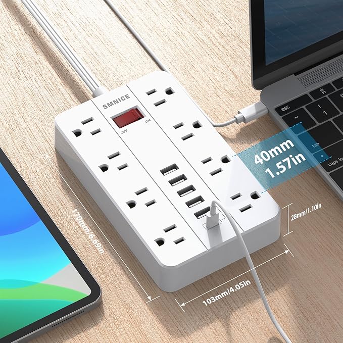 Flat Plug Extension Cord 15 Ft, SMNICE Surge Protector Power Strip with 8 Widely Spaced Outlets and 6 USB(1USB C) Ports, Wall Mount Long Charging Station for Dorm Home, Office Accessories, White-DeskLoop Office