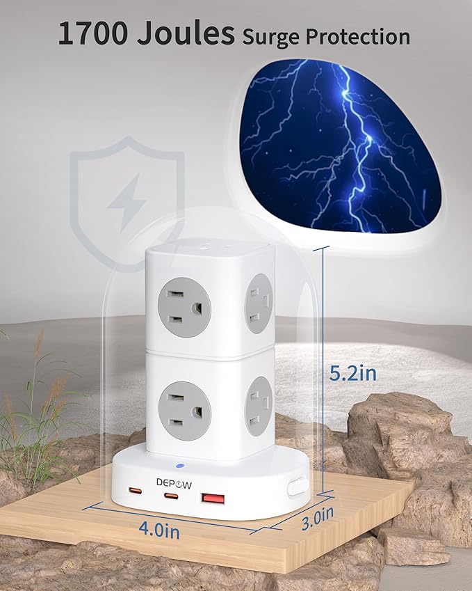 2 Prong Power Strip, 2 to 3 Prong Outlet Adapter with 9 Outlets 3 USB Ports (2 USB C), 1700J Two Prong Surge Protector, 5FT Power Strip Tower, Wall Mount for Old House Non-Grounded Outlets-DeskLoop Office