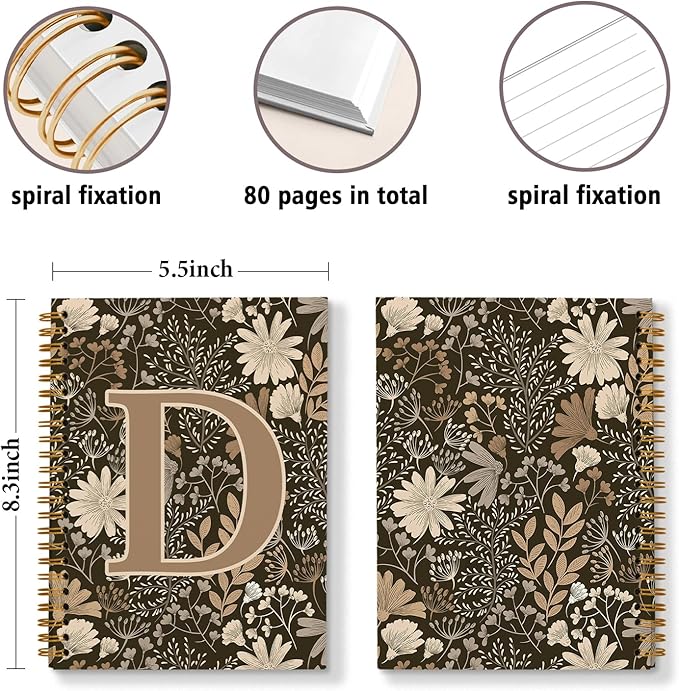 Initial D Personalized Journal Notebook, Boho Floral Journaling Notebooks for Women Girls, Costom Monogrammed Gifts for Women Mom Girls Friends, Letter Spiral Notebook, 5.5x8.3-DeskLoop Office