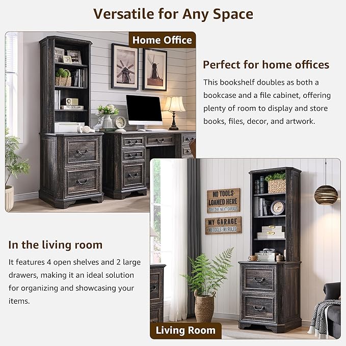 T4TREAM 6-Tier Bookcase with 2 File Drawers, 72" Tall Farmhouse Bookshelf with Storage & Adjustable Shelves, Wooden Floor Standing Display Book Shelf Organizer for Home Office, Dark Rustic Oak-DeskLoop Office