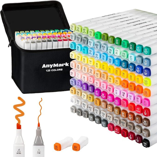 AnyMark Alcohol Markers, 120 Colors Dual Tip Art Coloring Markers Set by AnyMark