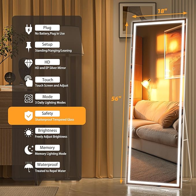 Hasipu Full Length LED Mirror with Lights, 56" x 18" Floor Standing or Wall Hanging Mounted, Full Body Dressing Mirror, Dimmable Tempered Glass, Square White-DeskLoop Office