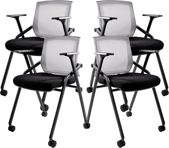 Conference Room Chairs, Folding Office Desk Chair with Lumbar Support and Sliding Armrest with Casters, Stackable Office Guest Chairs & Reception Chairs(4 Pack)-DeskLoop Office