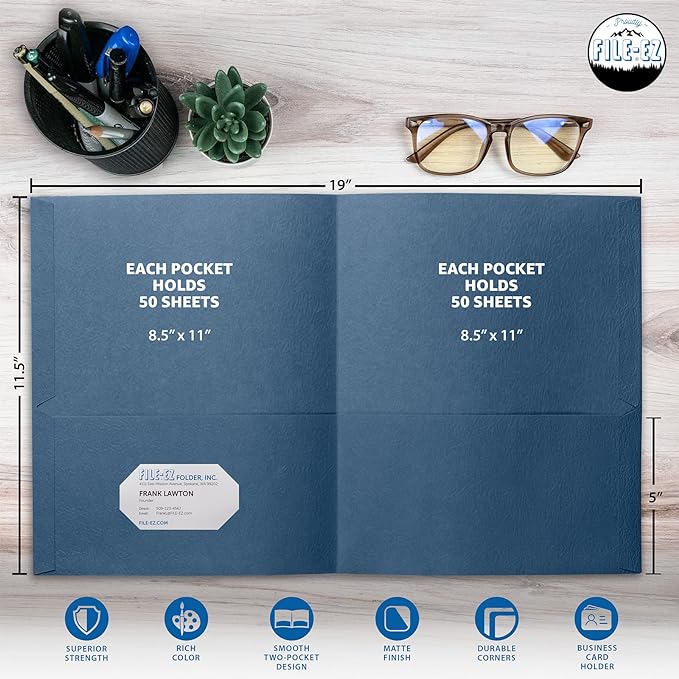 FILE-EZ Two-Pocket Folders, Dark Blue, Textured Paper, Letter Size - Image 2
