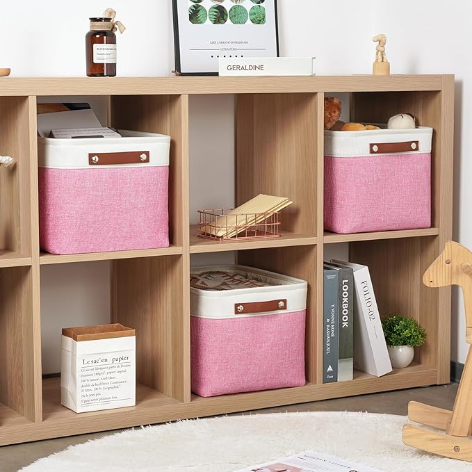 DULLEMELO Storage Baskets for Organizing, Shelves,Bedroom, Decorative Storage Bins with Faux Leather Handles, Fabric Storage Basket for Office, Toys(3-Pack, White&Pink)-DeskLoop Office