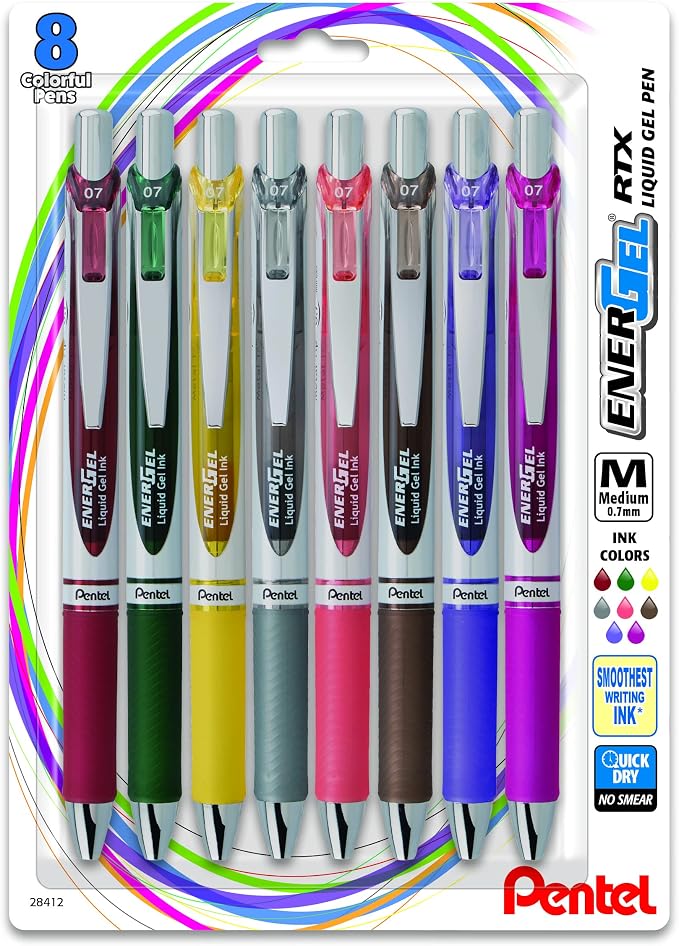 Pentel EnerGel RTX Retractable Liquid Gel Pen, Medium Line, Metal Tip, 8 Pack by PentelofAmerica