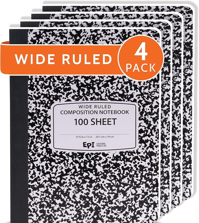 4 Pack - EPI Marble Hardcover Wide Ruled Composition Notebook | 200 Pages by EPI