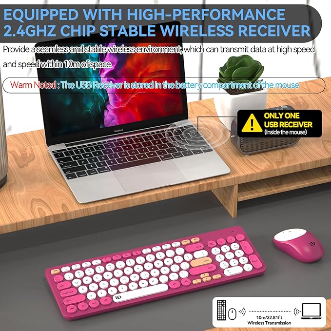 FD Wireless Keyboards and Mouse Combo - 2.4GHz USB Cordless, Cute Wireless Keyboard Round Keys, Quiet and Slim Set for Laptop, Computer, TV and Mac - Strawberry White Colorful-DeskLoop Office