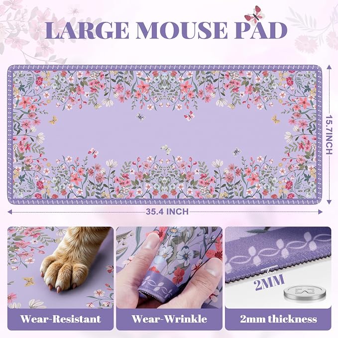 iCasso Desk Mat for Keyboard and Mouse, Cute Desk Pad Large, Anti-Slip Floral - Image 2