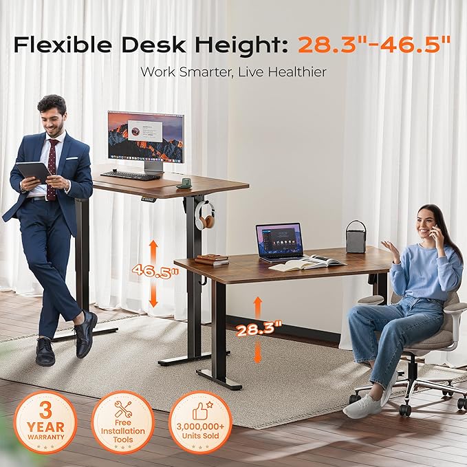Huuger 55 x 28 Large Electric Standing Desk, Height Adjustable Computer Desk, 27.6" Deep Desktop, Stand up Gaming Office Desk with 2 Hooks, 3 Preset Heights, for Home Office, Rustic Brown-DeskLoop Office